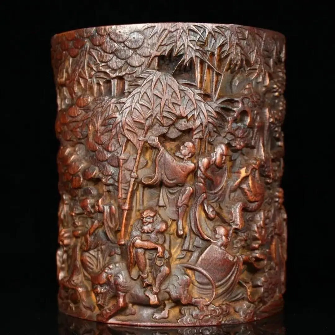 Chinese wood brush pot old bamboo carved buddha arhat pen holder collection - religious (buddhist)