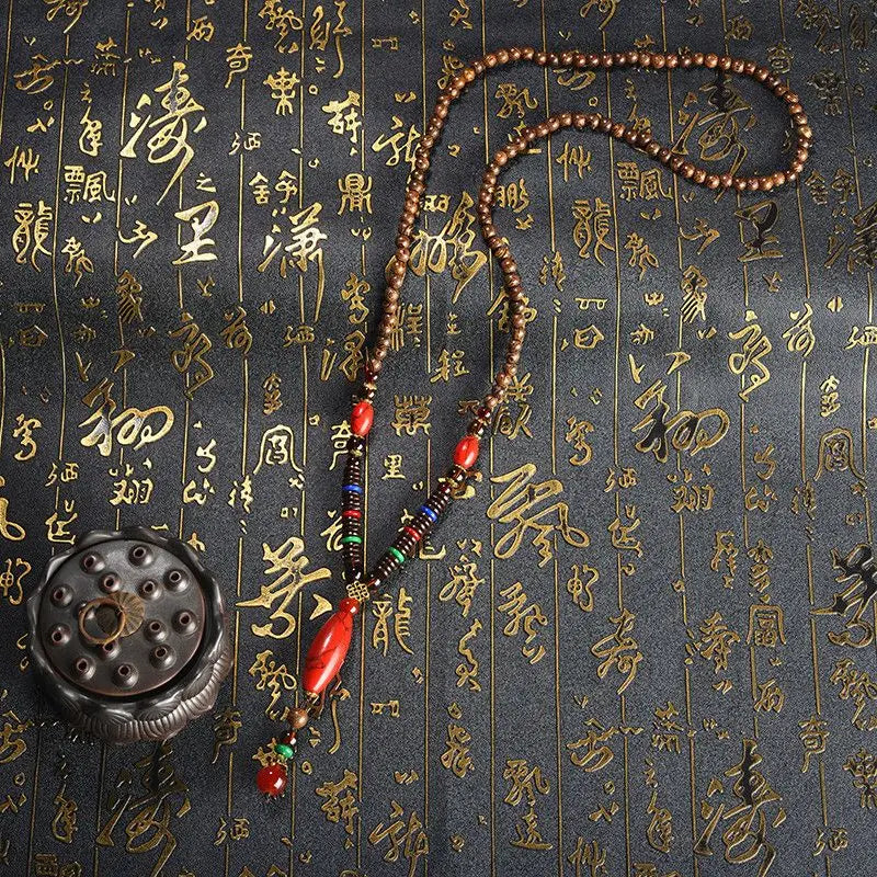 Chinese style minimalist wooden necklace long buddha bead sweater chain versatile personalized pendant men’s