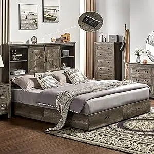 Vanacc queen size bed frame wooden platform storage with 51.2’’ bookcase headboard 2 drawers charging station/no box