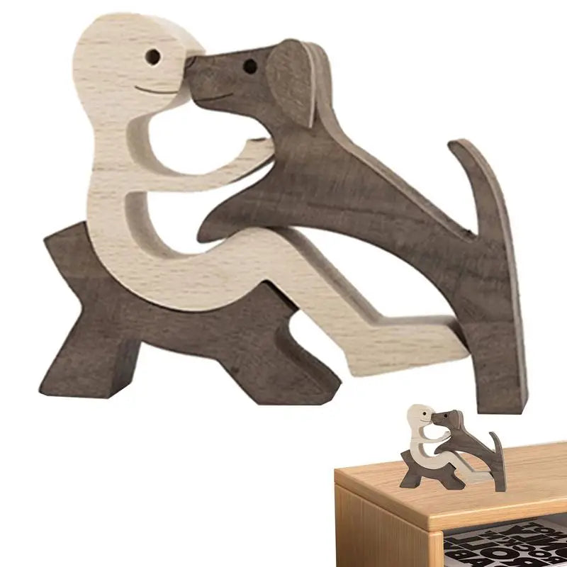 Cute wood dog human statue craft figurine desktop table ornament carving model home room decoration pet sculpture