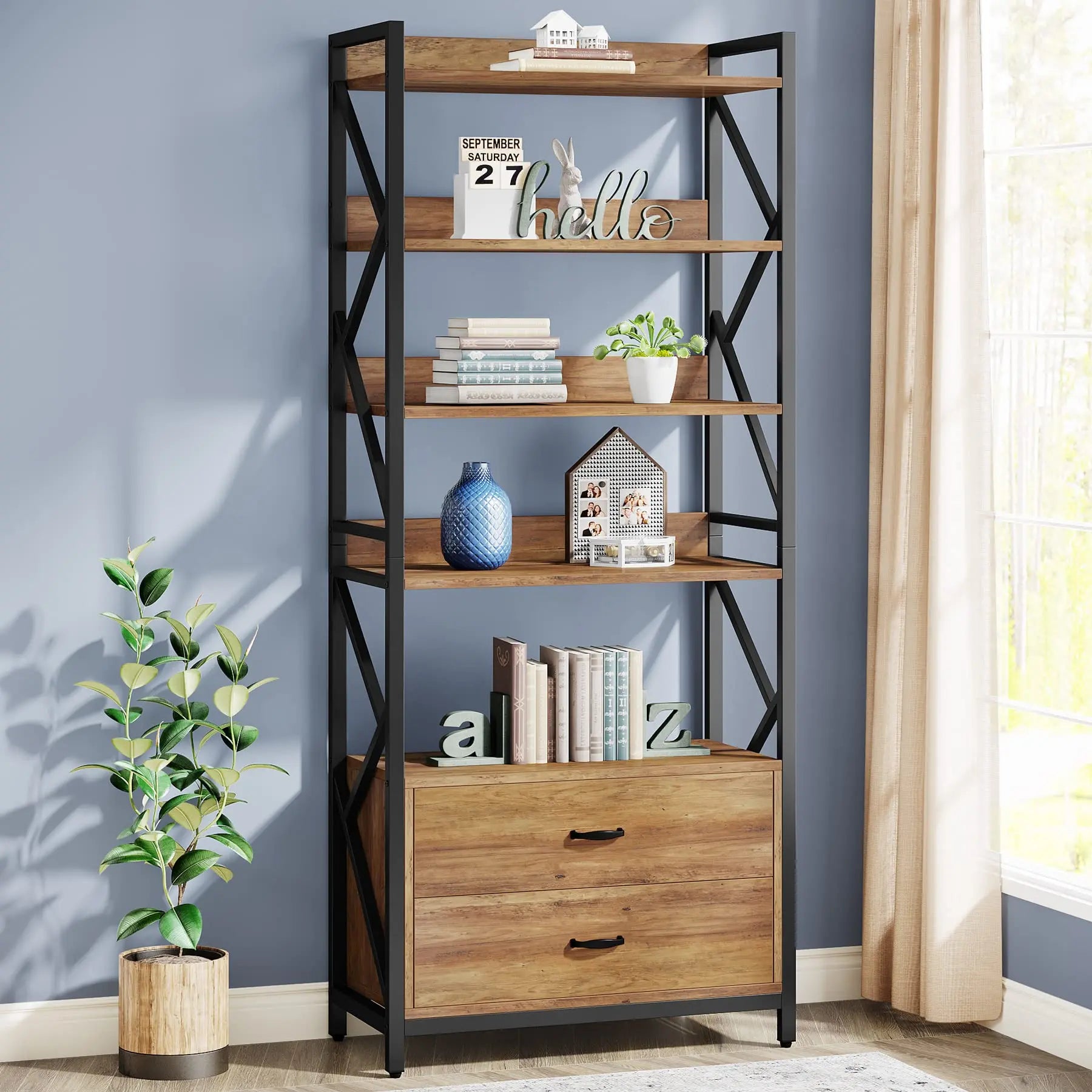 tribesigns-bookshelf-with-2-drawers-70-8-industrial-bookcase-bookshelf-5-shelf-open-shelf-for-storage-wood-book-shelf-for-li