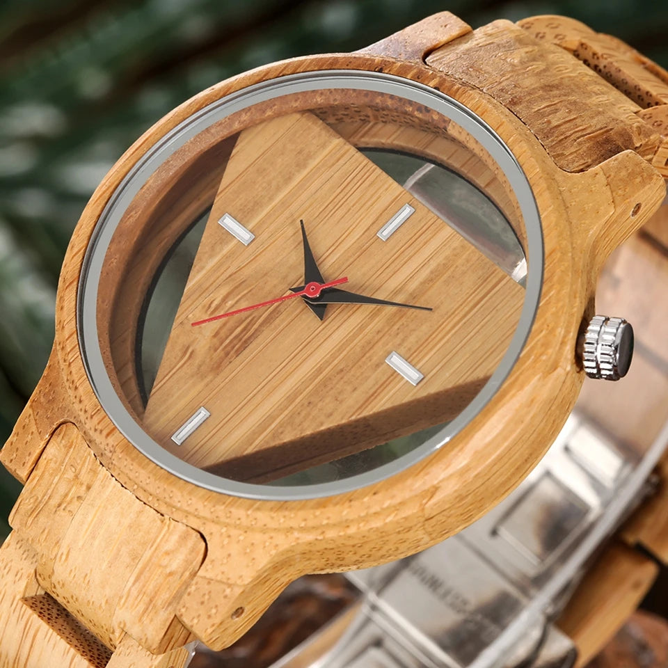 Geometric mens watches superb inverted triangle bamboo wooden band clock male full quartz wristwatches relogio masculino