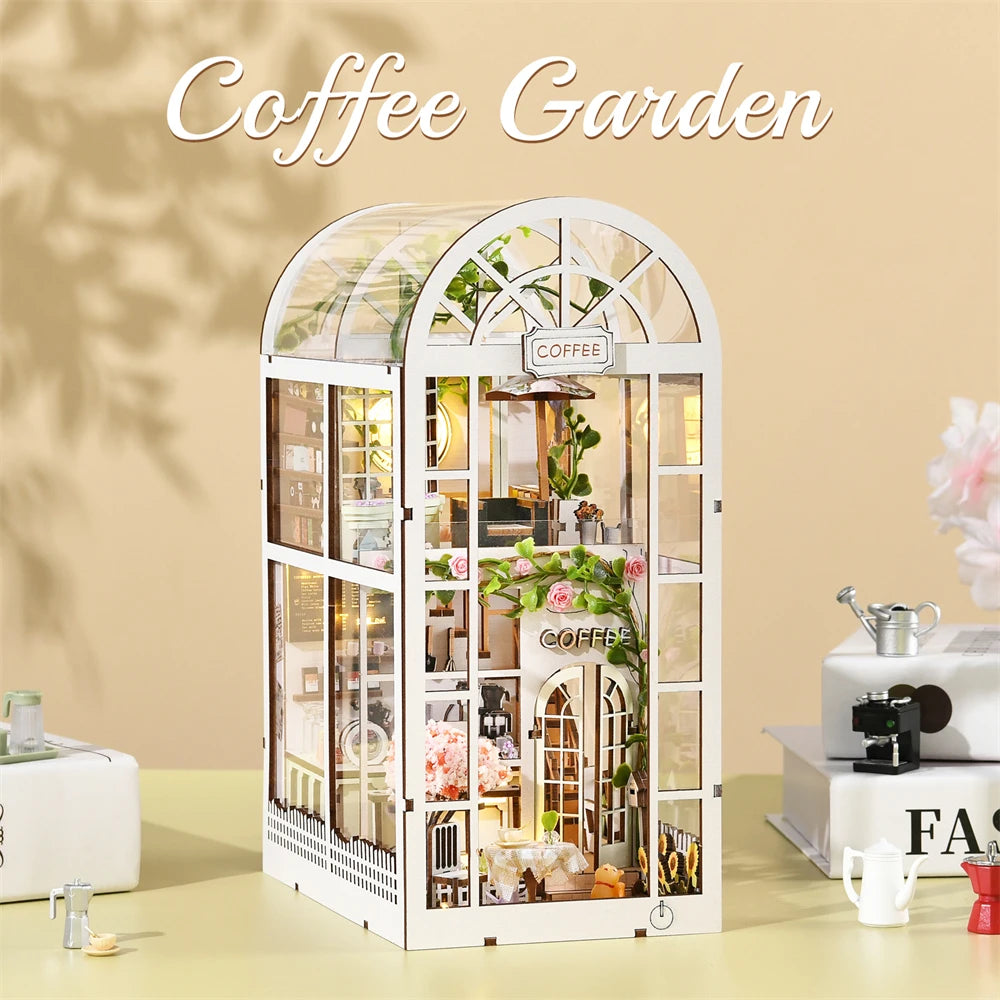Sunshine coffee shop diy book nook kit 3d wooden puzzle home decoration house for bookshelf miniature insert stand