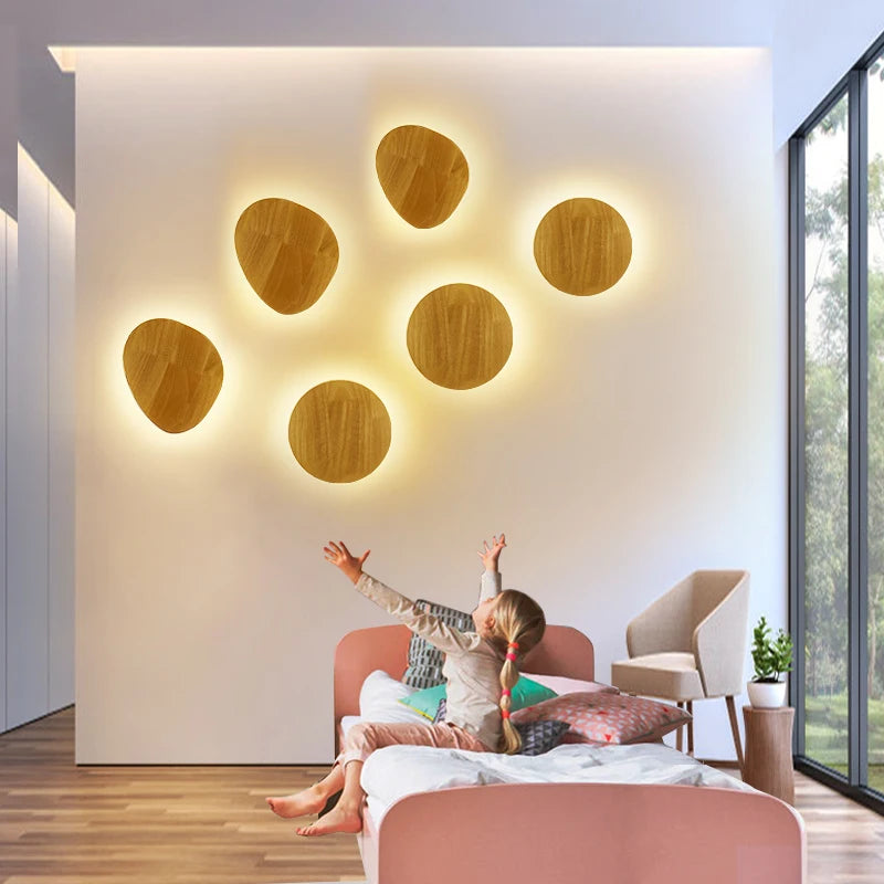 Nordic led wall light modern original circular wooden personalized bedside bedroom staircase hanging