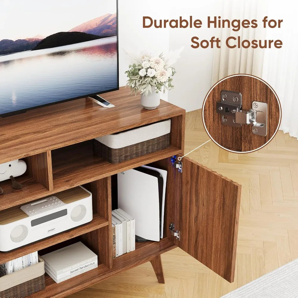 Fluted tv stand for 60 inch modern entertainment center with storage and shelves wood console solid leg