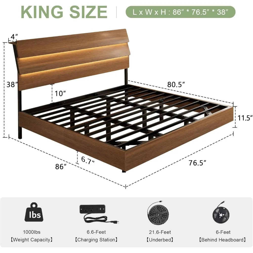 Feonase floating bed frame king with led lights and charging station wood full size storage headboard heavy dut