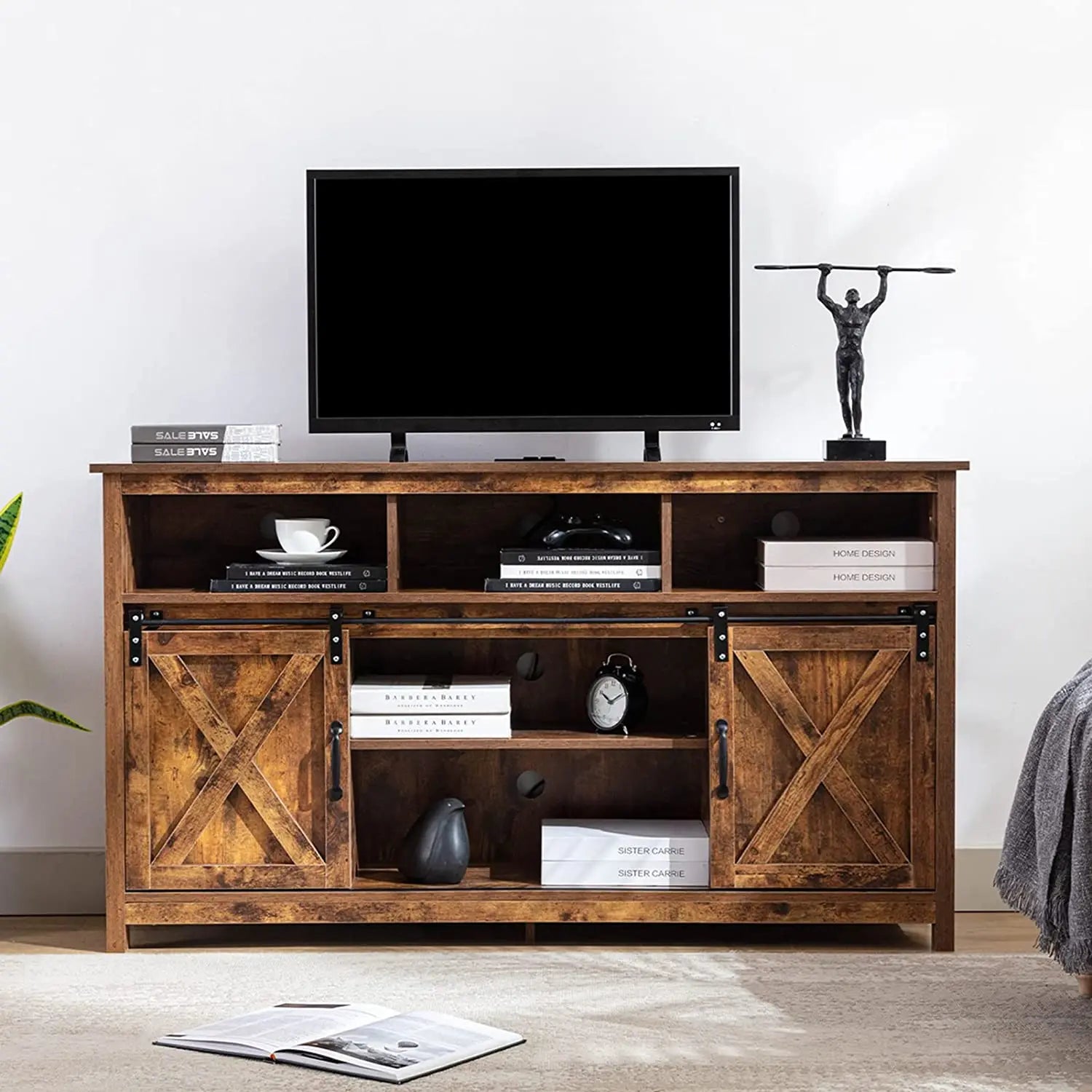 Tv stand farmhouse coffee bar cabinet rustic sliding barn door storage with power outlet & led light 57’’ wooden cabi