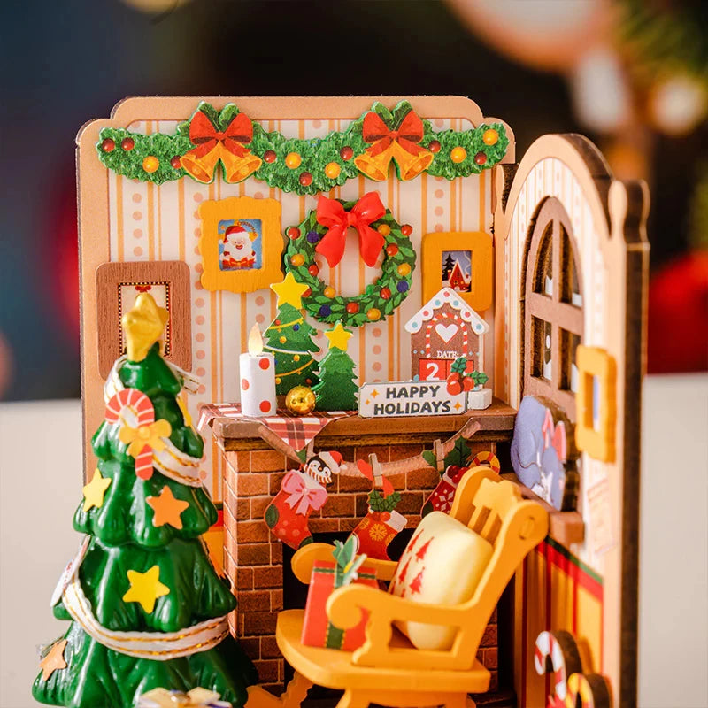 Robotime rolife miniature house christmas gifts fireplace decoration for home bookshelf dollhouse 3d diy wooden puzzle