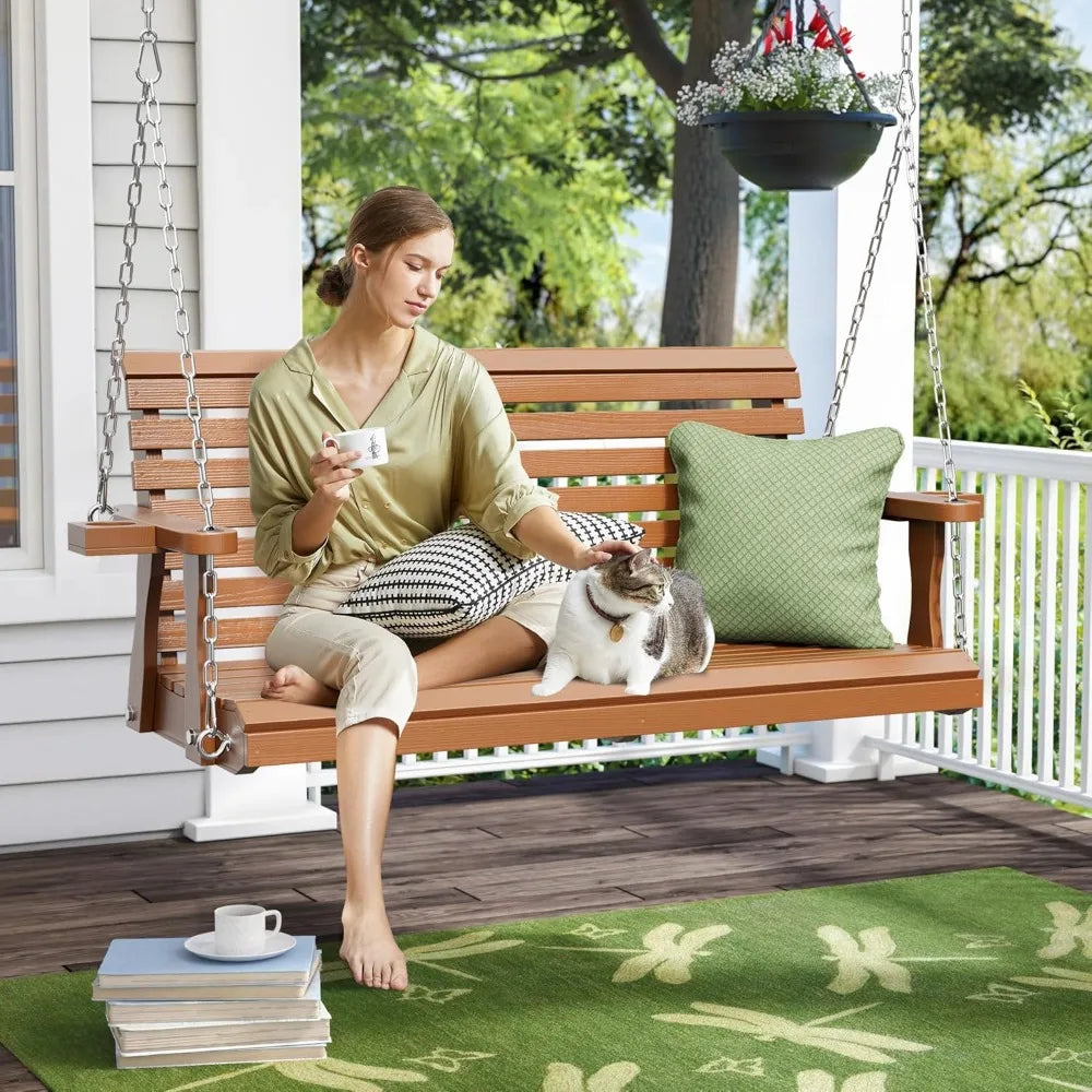 Outdoor porch swing bench with cup holders - 2-seater wooden for patio garden backyard comfort - united states / brown