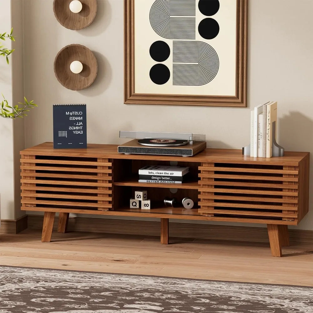 Mid-century modern tv stand for 55-65 inch tvs entertainment center with sliding doors and storage shelves media consol