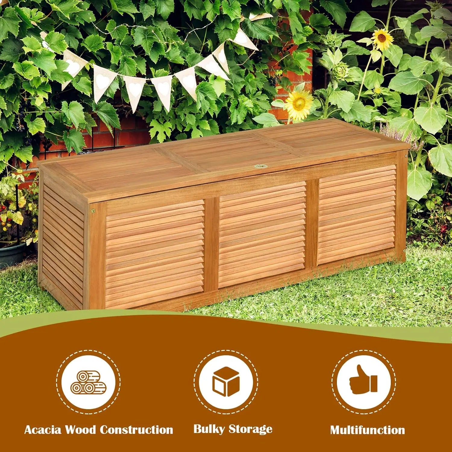 46 gallon acacia wood deck box garden backyard storage bench outdoor container for patio furniture cushions - united