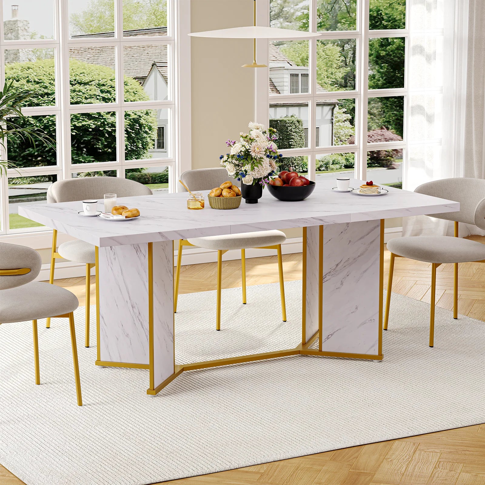71 inch rectangular dining table for 6 to 8 people white marble wooden kitchen large dinner with gold - united states