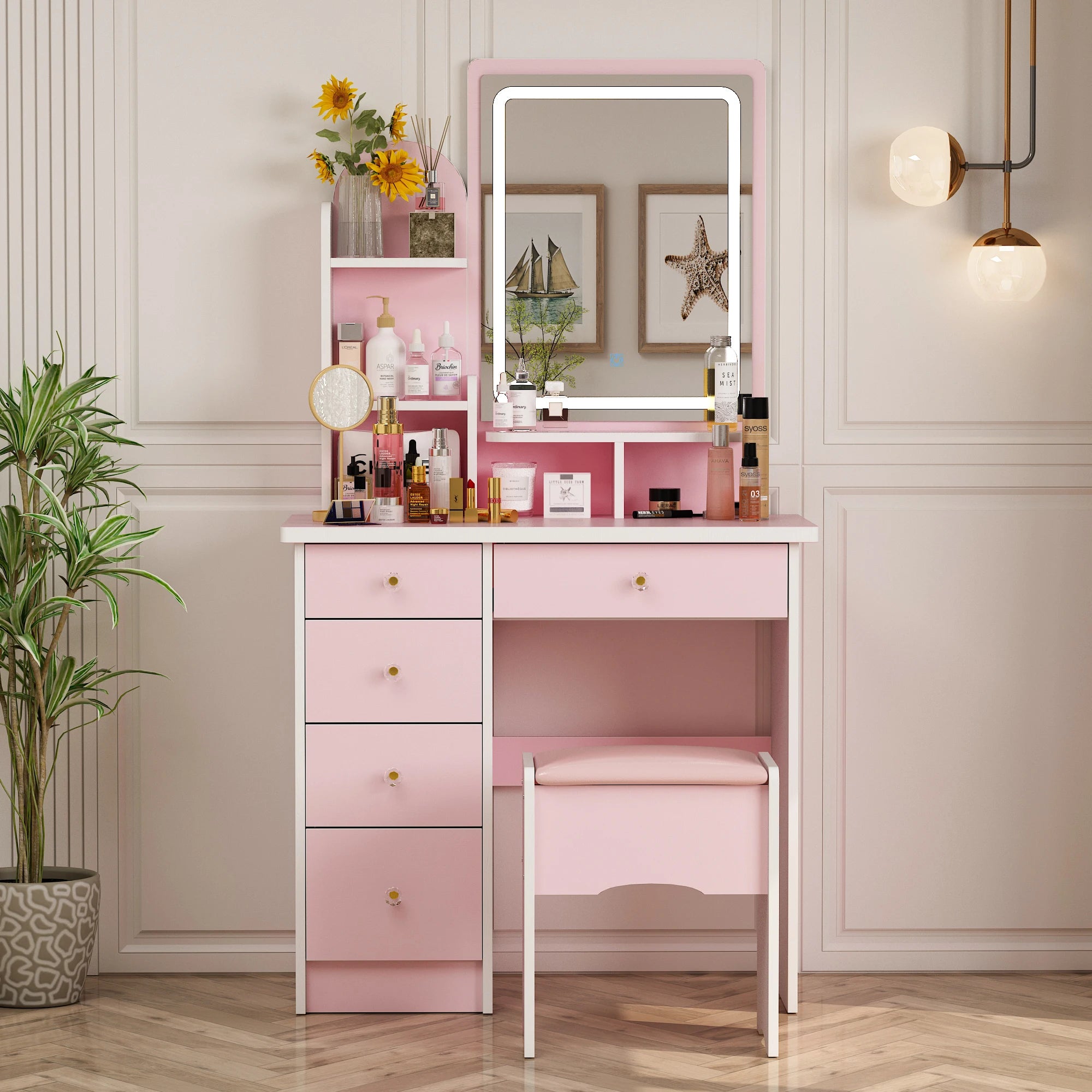fufu-gaga-makeup-vanity-desk-with-lighted-mirror-vanity-set-with-5-drawers-open-shelves-cushion-stool-for-bedroom-pink