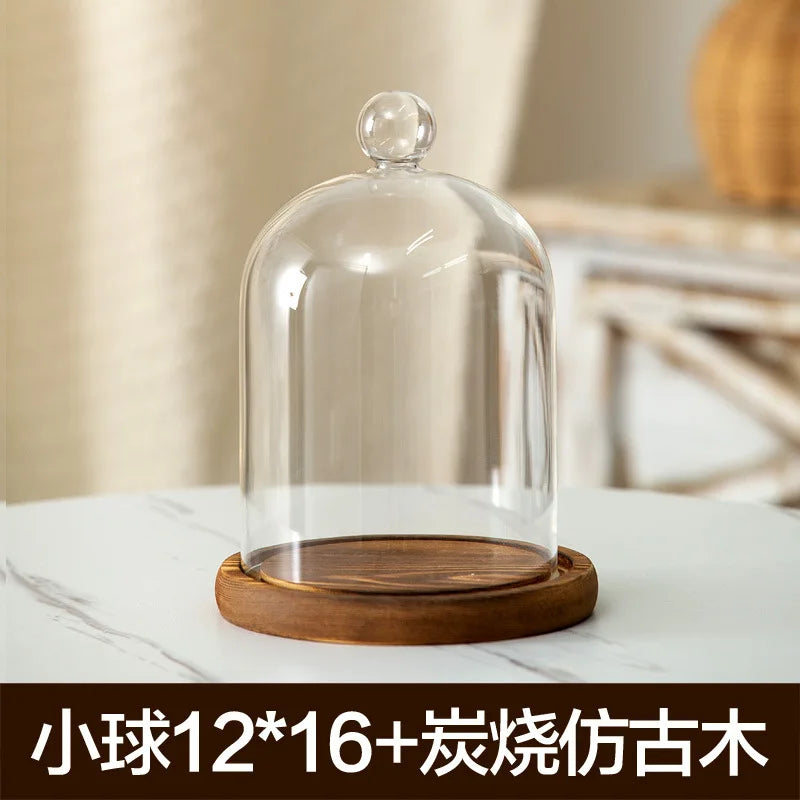 Aromatherapy candle holder ornaments dust-proof glass cover wooden base display box home decoration - pellet 16cm