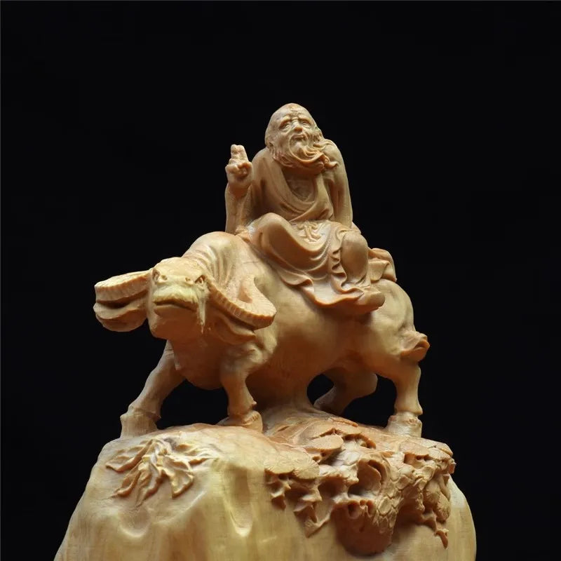 Premium feng shui lao tzu riding bull wooden statue a beacon of taoist wisdom and chinese mythology - light grey