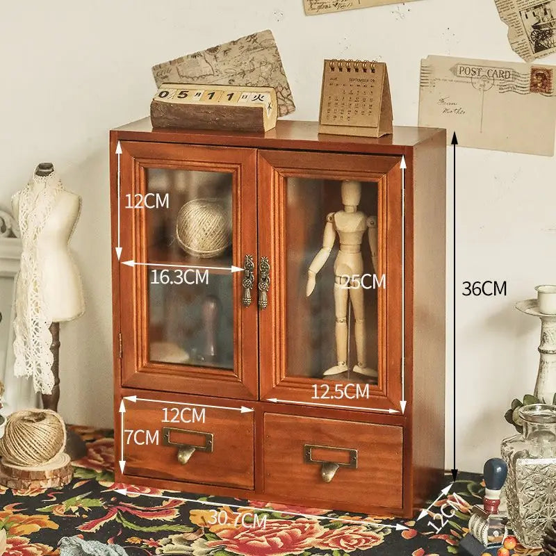 Retro wooden desk storage box multi-layer doll figure display stand desktop drawer type cosmetic jewelry decoration