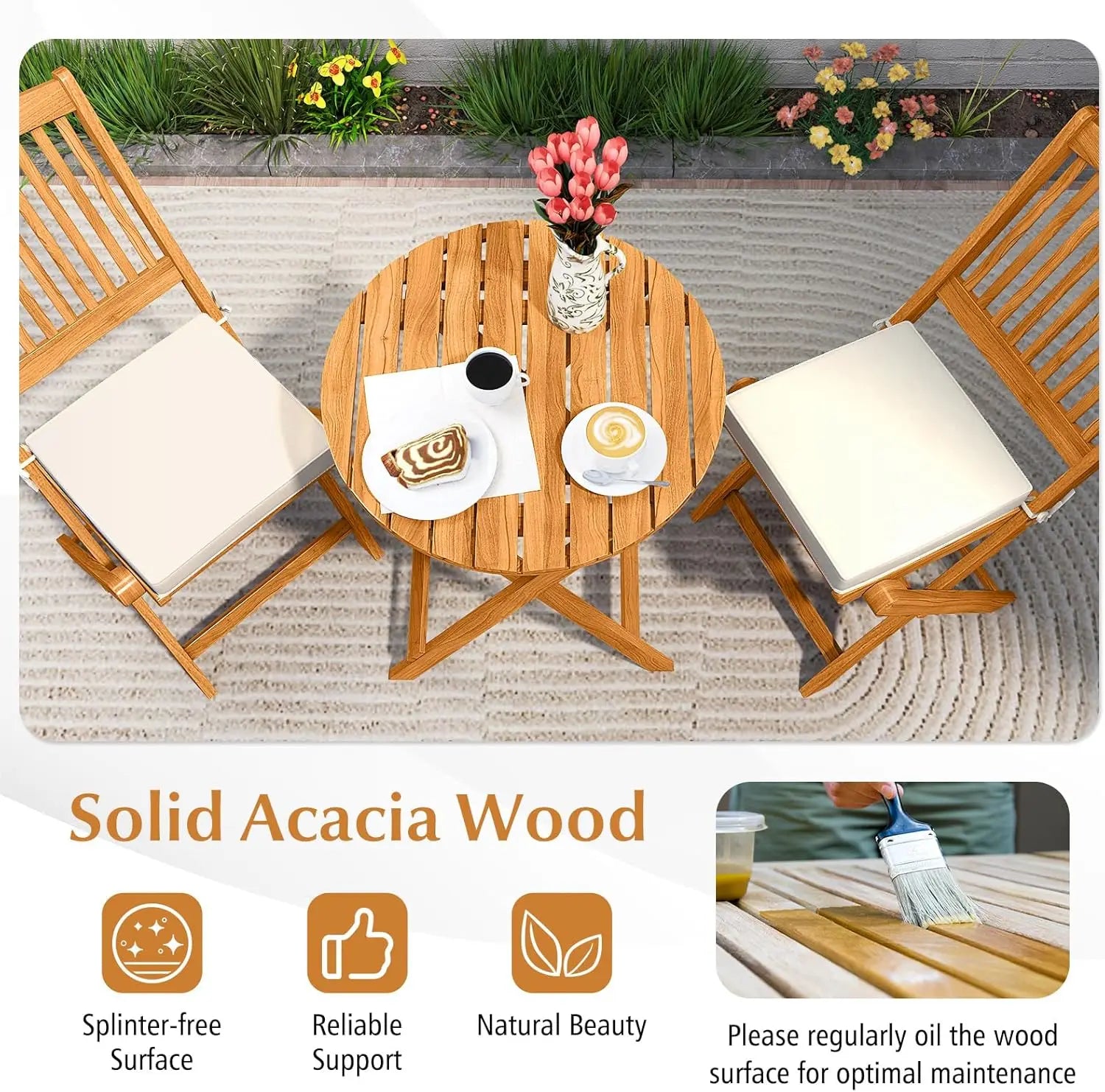 3 pieces acacia wood patio folding bistro set outdoor table and chairs with soft cushions furniture for porch - united