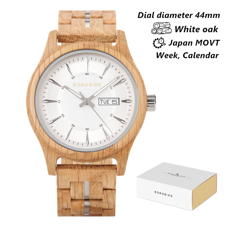 Bobo bird men’s watches fashion wooden wristwatch week & auto-date display watch for men with gift box 2025 new - white