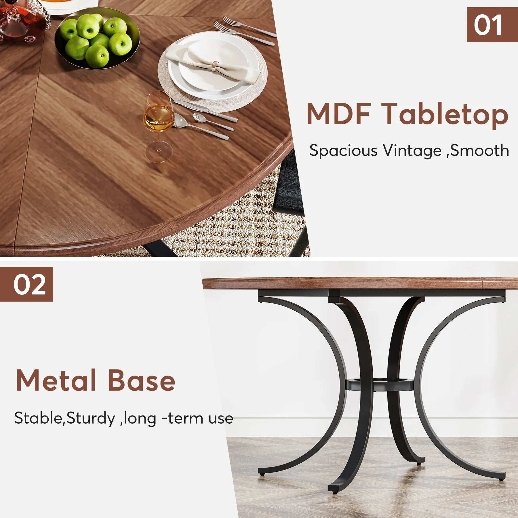 Tribesigns 47’’ round dining table for 4 people farmhouse kitchen with wooden texture surface & pedestal base - brown