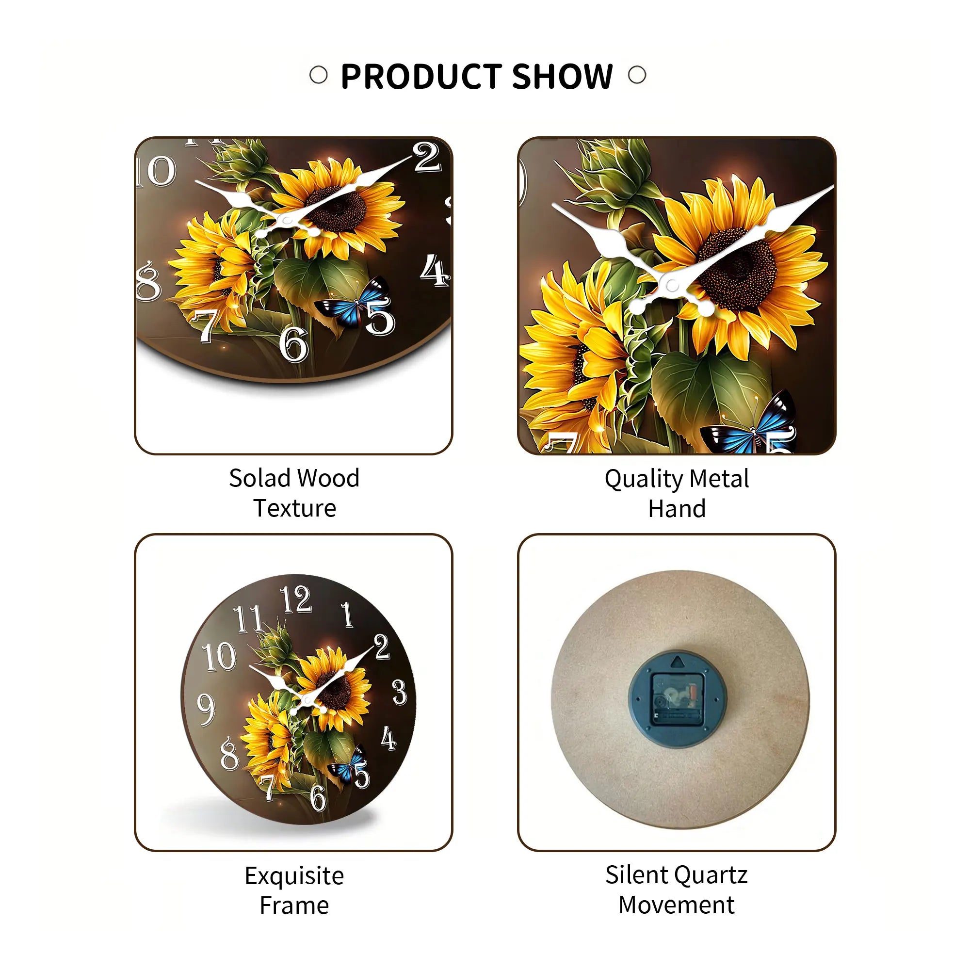 1pc wooden wall clock beautiful sunflower and blue butterfly design silent - suitable for living room bedroom