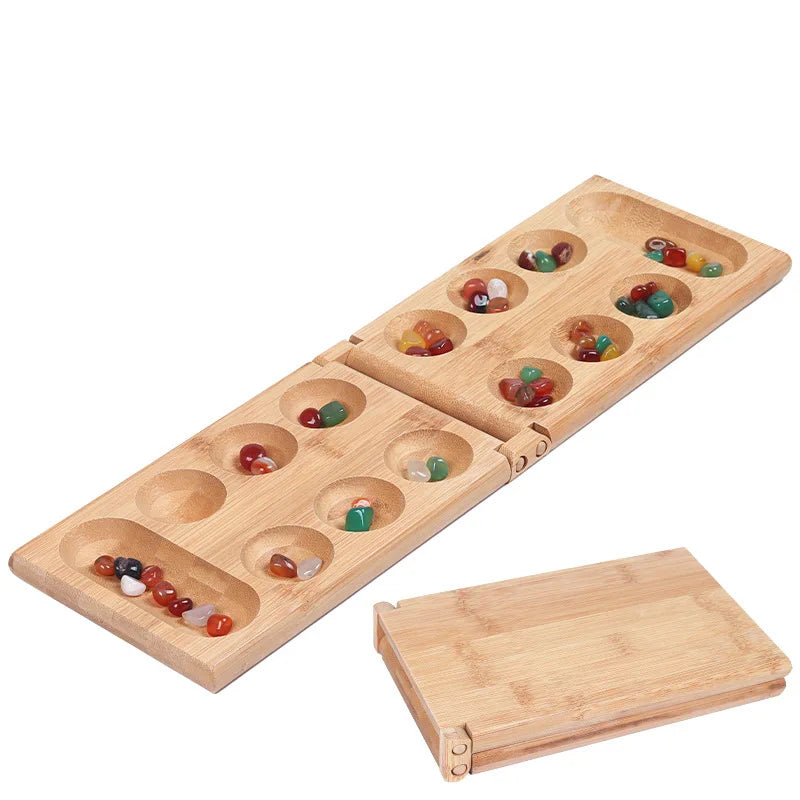 Riverstones & bamboo foldable mancala board game - fun classic table with wooden for adults kids - bamboo 48 stone