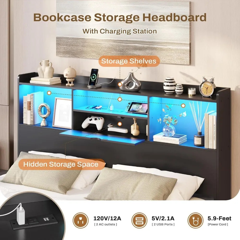 Dictac queen floating bed frame with led lights and headboard storage visual charing station size meta - united states