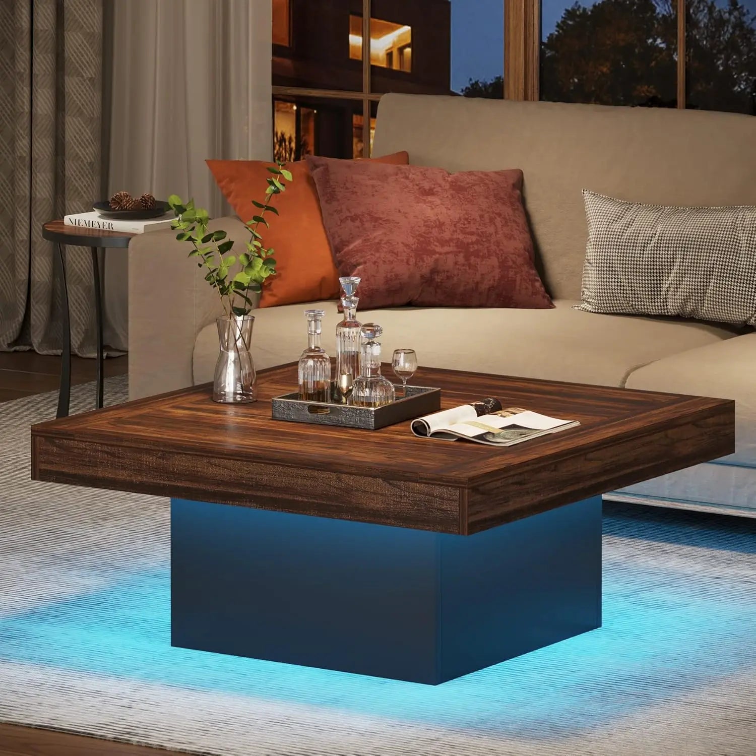 Farmhouse coffee table square led engineered wood low for living room - united states / brown