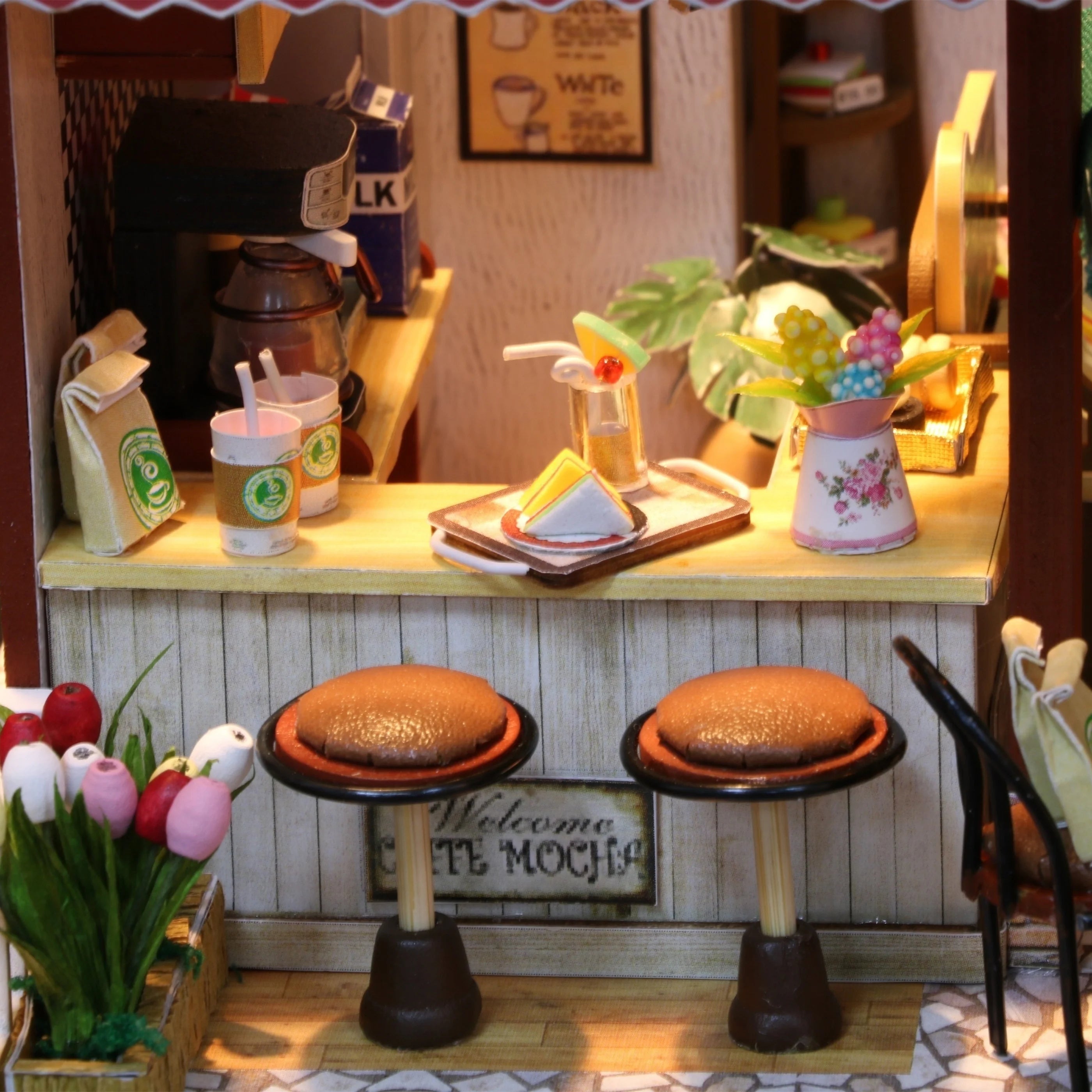 Coffee time diy miniature house creative birthday gift assembly model ornament black friday