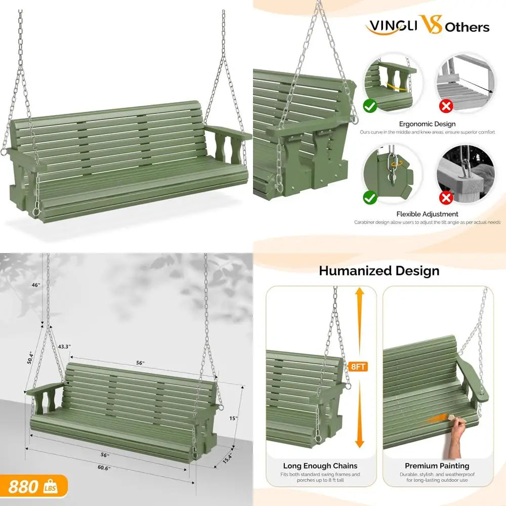 Heavy-duty wooden porch swing bench for outdoor courtyard and garden 880lbs capacity with hanging chains - united