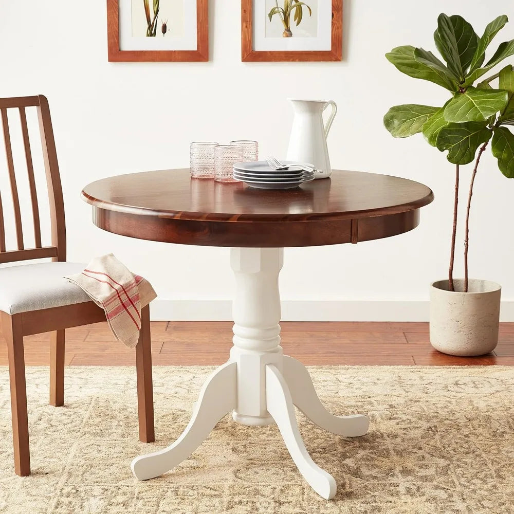 Round wooden pedestal dining table 36x36 inches antique walnut finish - united states / walnut linen whit