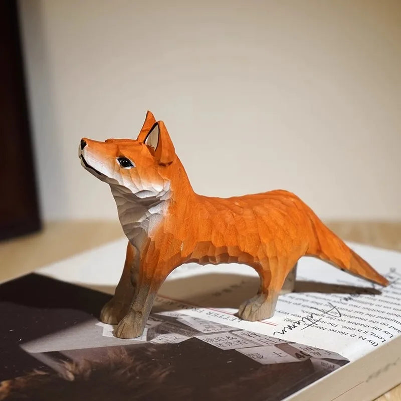 Handcrafted wood carving fox statue cute figurines desk ornament decorations accessories animal sculpture home decor