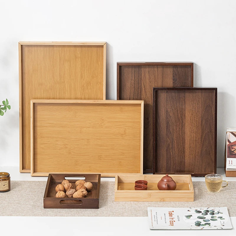 Large size rectangular bamboo wood tea tray display plate walnut color set cup storage handle home use japanese sle