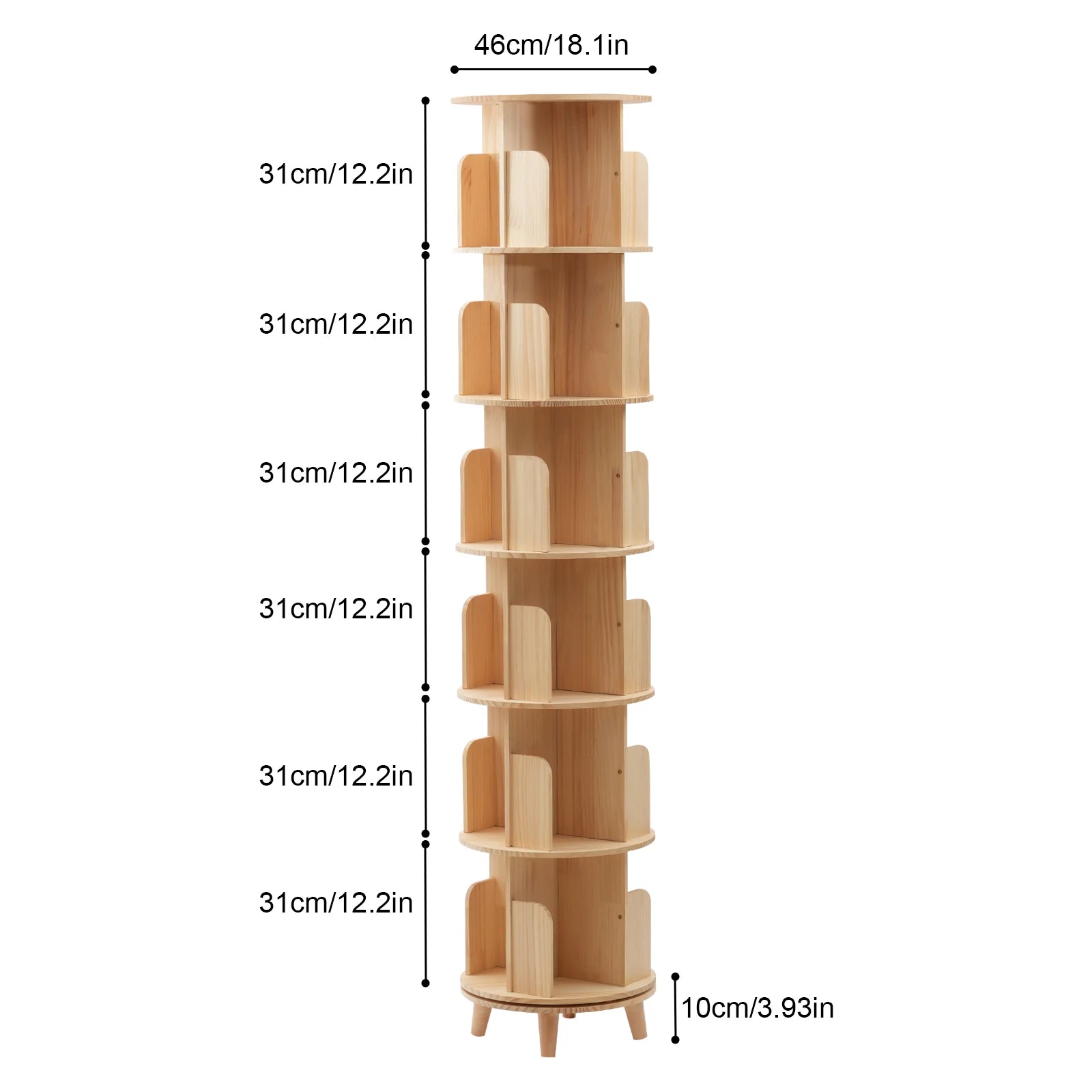 Rotating bookshelf 6 tiers pine wood 110lbs load per layer 0.47in thick panels curved baffle reinforced chassis