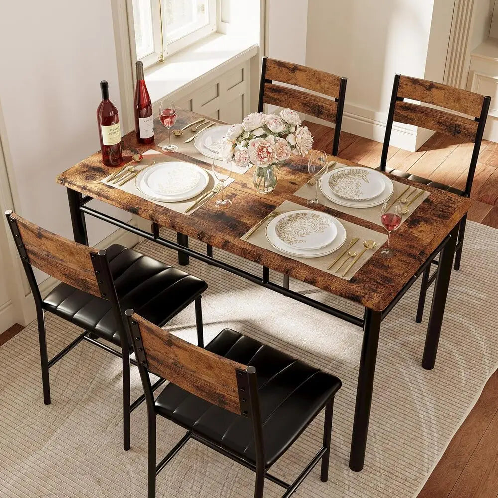 Ironck dining table set for 4 wood kitchen with upholstered chairs room and small spaces rustic brown