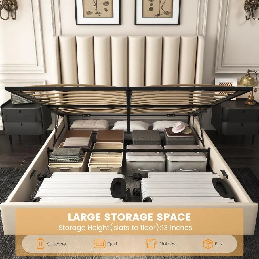 Queen size lift up storage bed frame with 51 tall headboard upholstered velvet wingback tufted design wood slats port