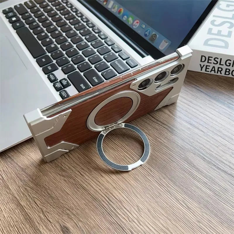 For samsung galaxy s23 s22 s24 s25 ultra walnut wood metal borderless armor case 360° rotating magnetic bracket