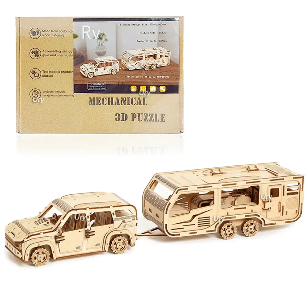 Ury 3d wooden puzzle movable retro biplane crane bulldozer handmade assembly truck model diy toys decoration gift
