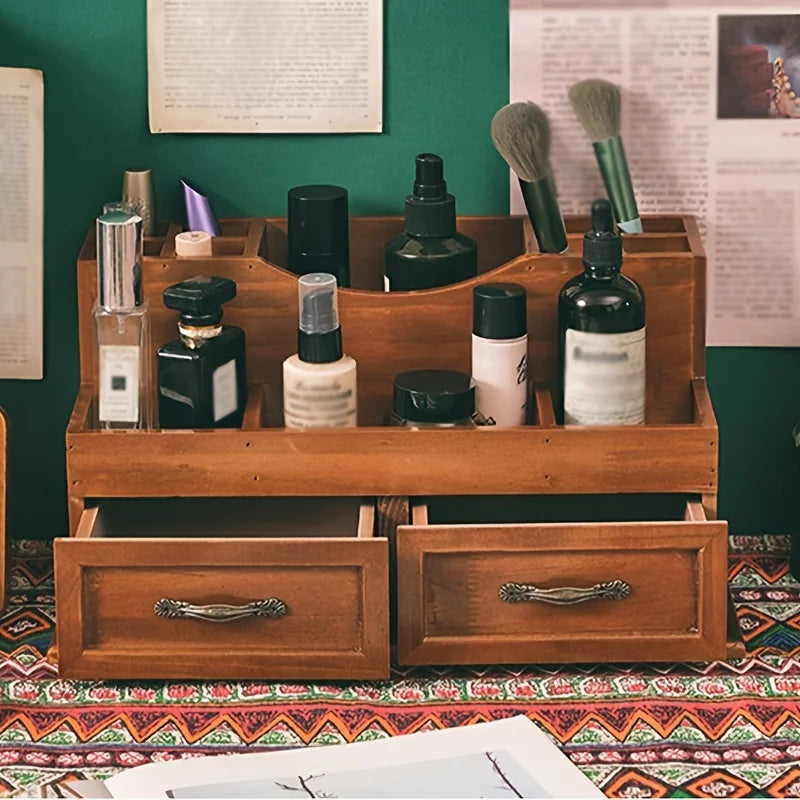 Vintage-inspired wooden desk organizer - multiple compartments for cosmetics & office supplies ideal home decor - wood
