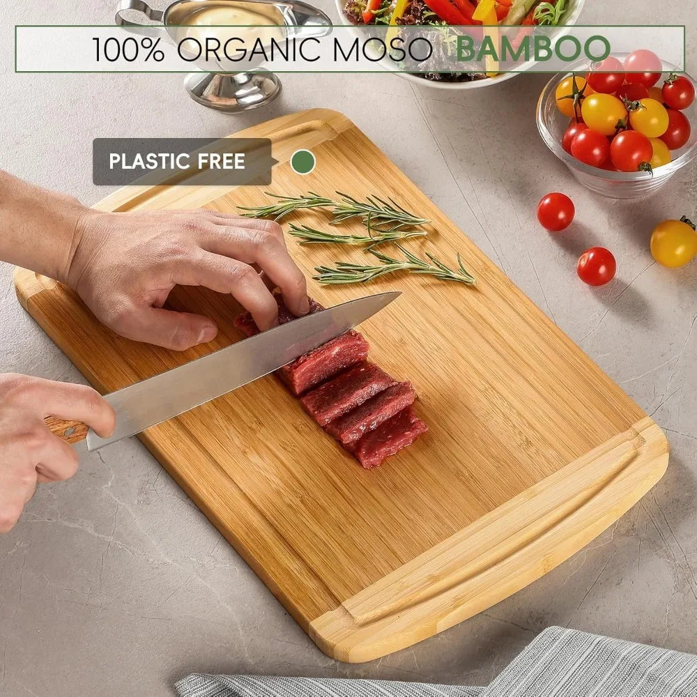 Large wooden cutting board for kitchen meal prep & serving - bamboo boards with juice groove side handles charcuterie