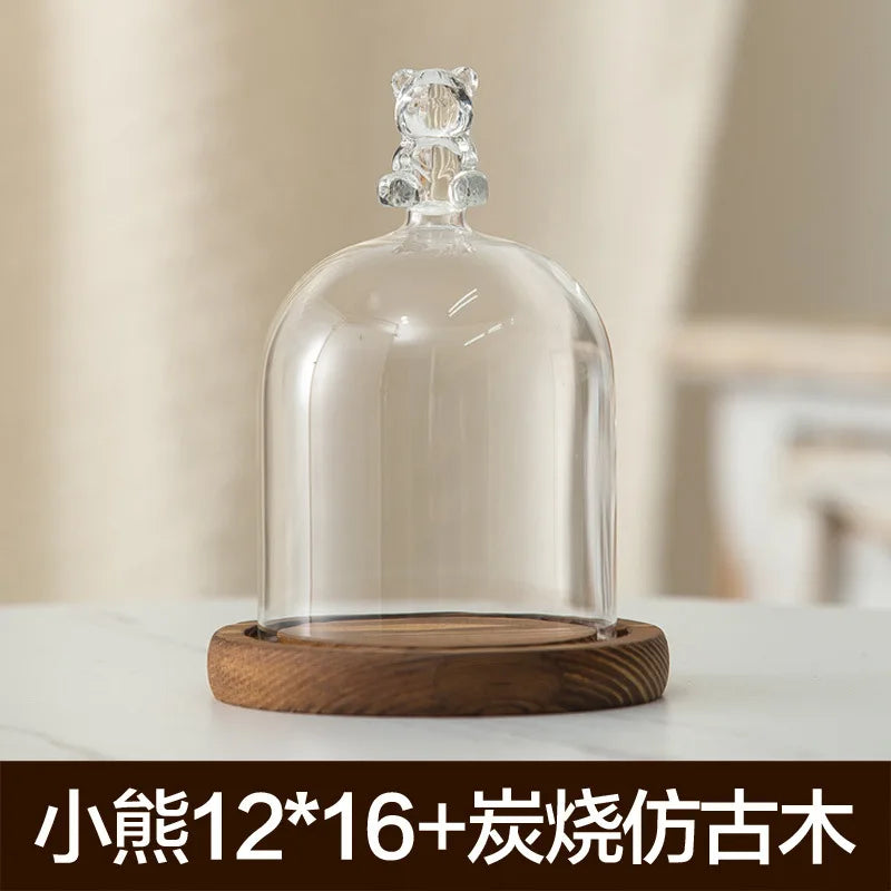 Aromatherapy candle holder ornaments dust-proof glass cover wooden base display box home decoration - little bear 16cm