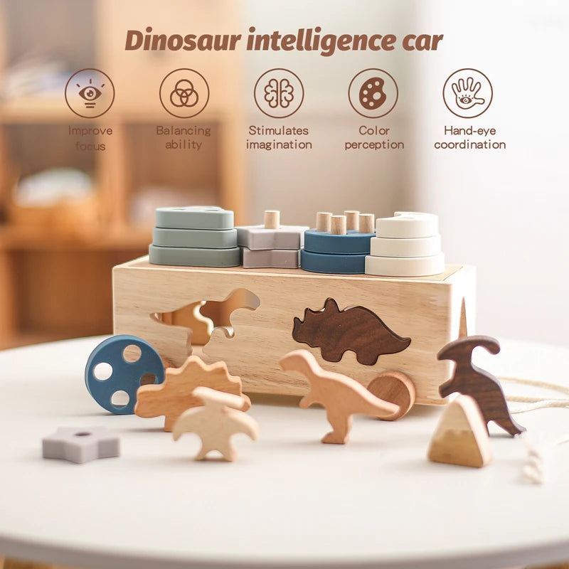 Kids wooden dinosaur intelligence car toys baby stacking multifunctional shape cognitive toy montessori education gift
