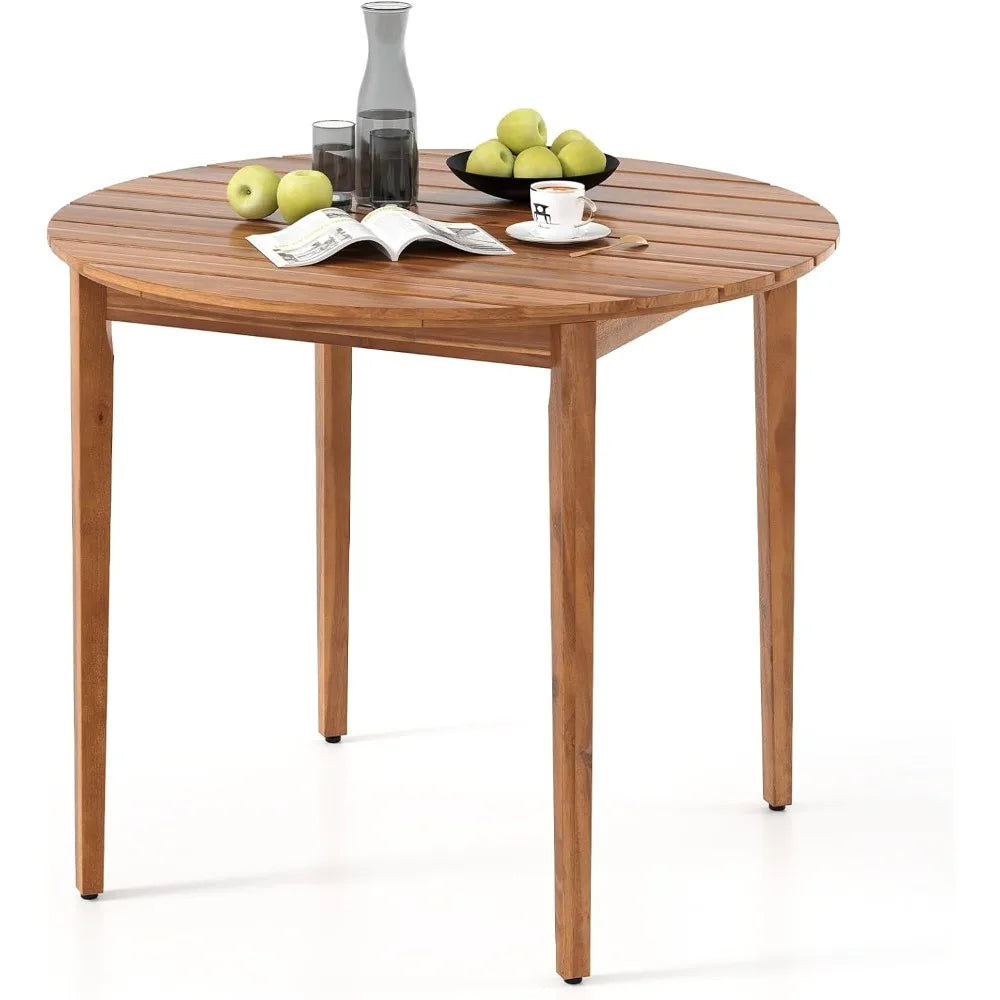 Round outdoor dining table for 4 people 36 inch acacia wood patio with slatted tabletop indoor farmhous - natural