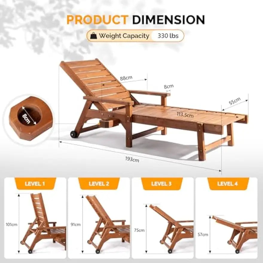 Customizable outdoor chaise lounge chair wooden patio lounger with adjustable backrest,for sunbathing poolside beach