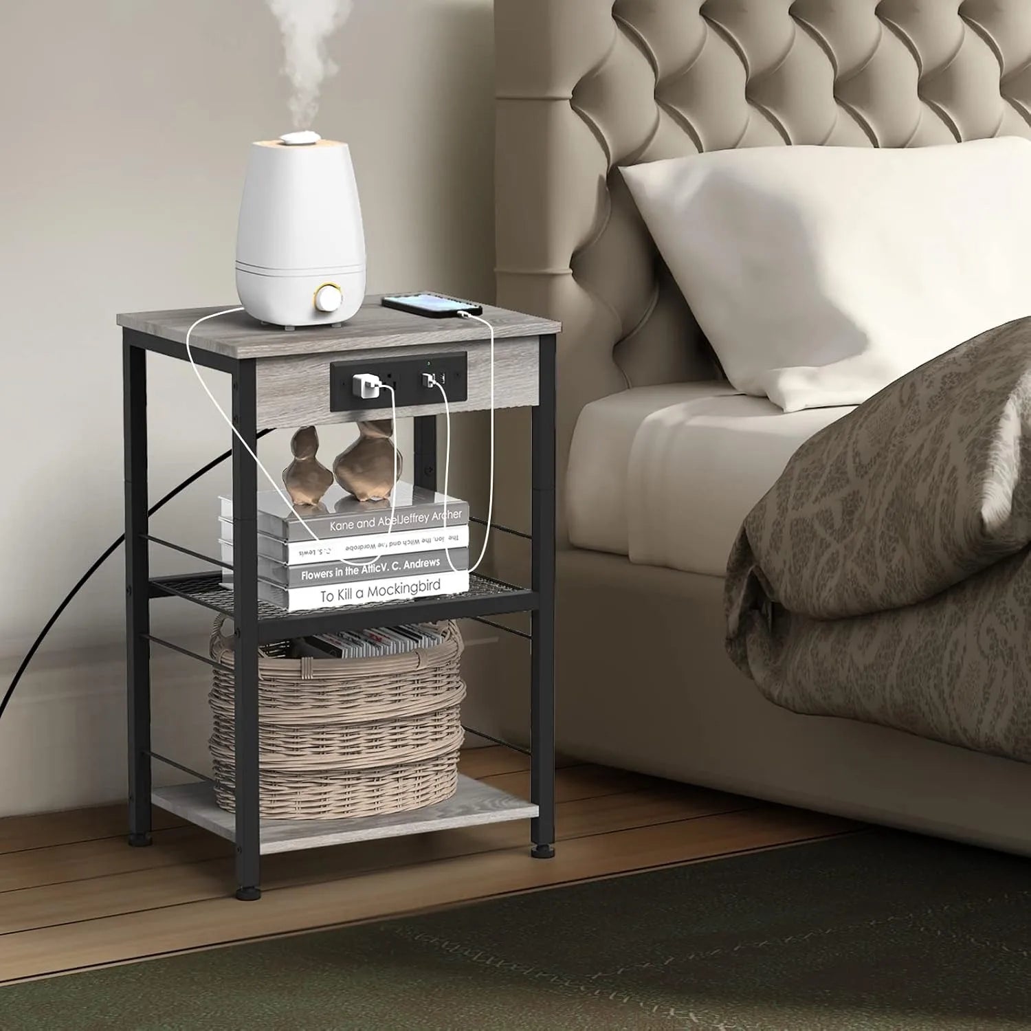 Grey farmhouse nightstand with usb/outlet charging station & 3-tier storage - bedside table for bedroom living room
