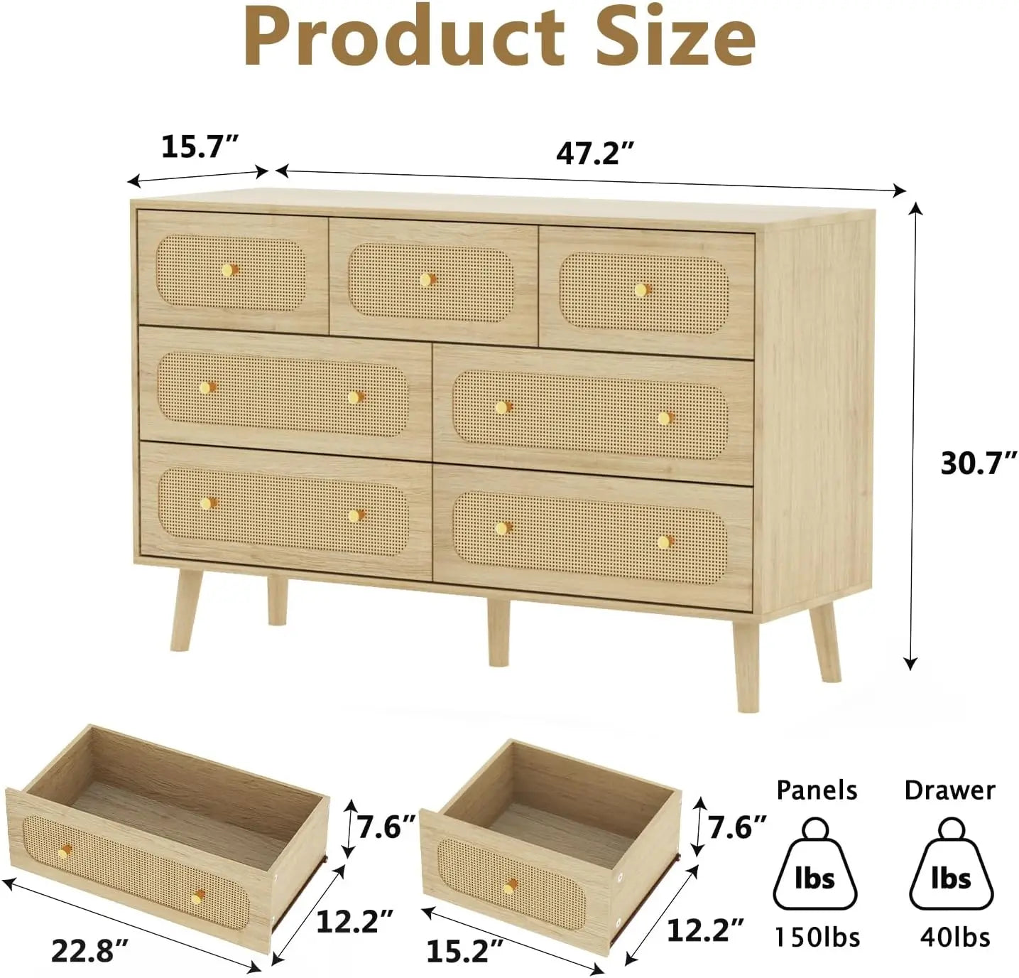 Natural wood 7 drawer rattan dresser with gold handles boho durable storage cabinet dressers & chests of drawers