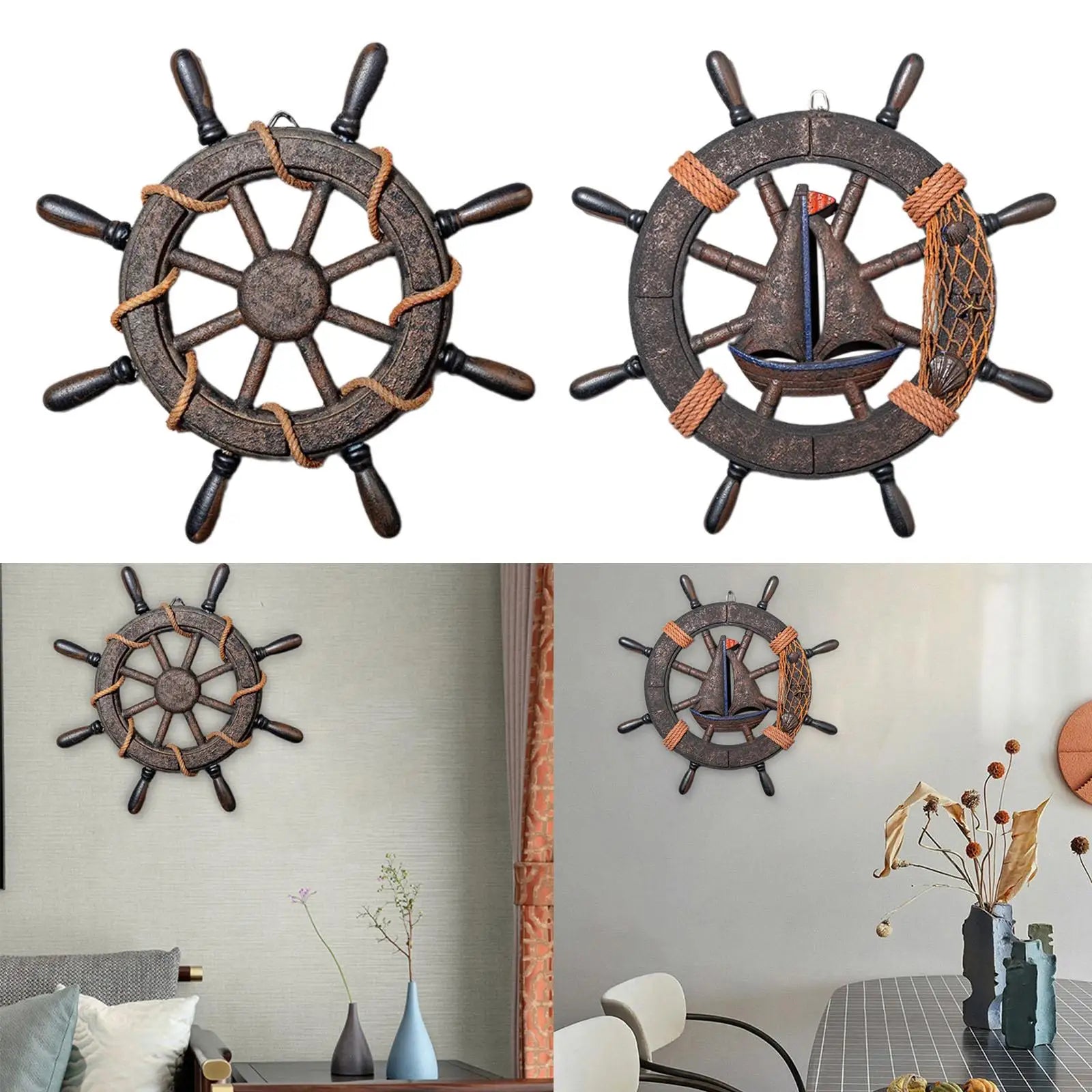 Wall art decor nautical wheel sculpture wooden ship steering boat rudder for club living room bar fireplace farmhouse