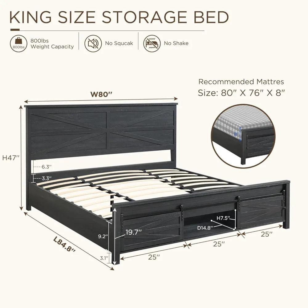 Jxqtlingmu farmhouse wood bed frame king size with sliding barn door storage cabinets and headboard solid slats support