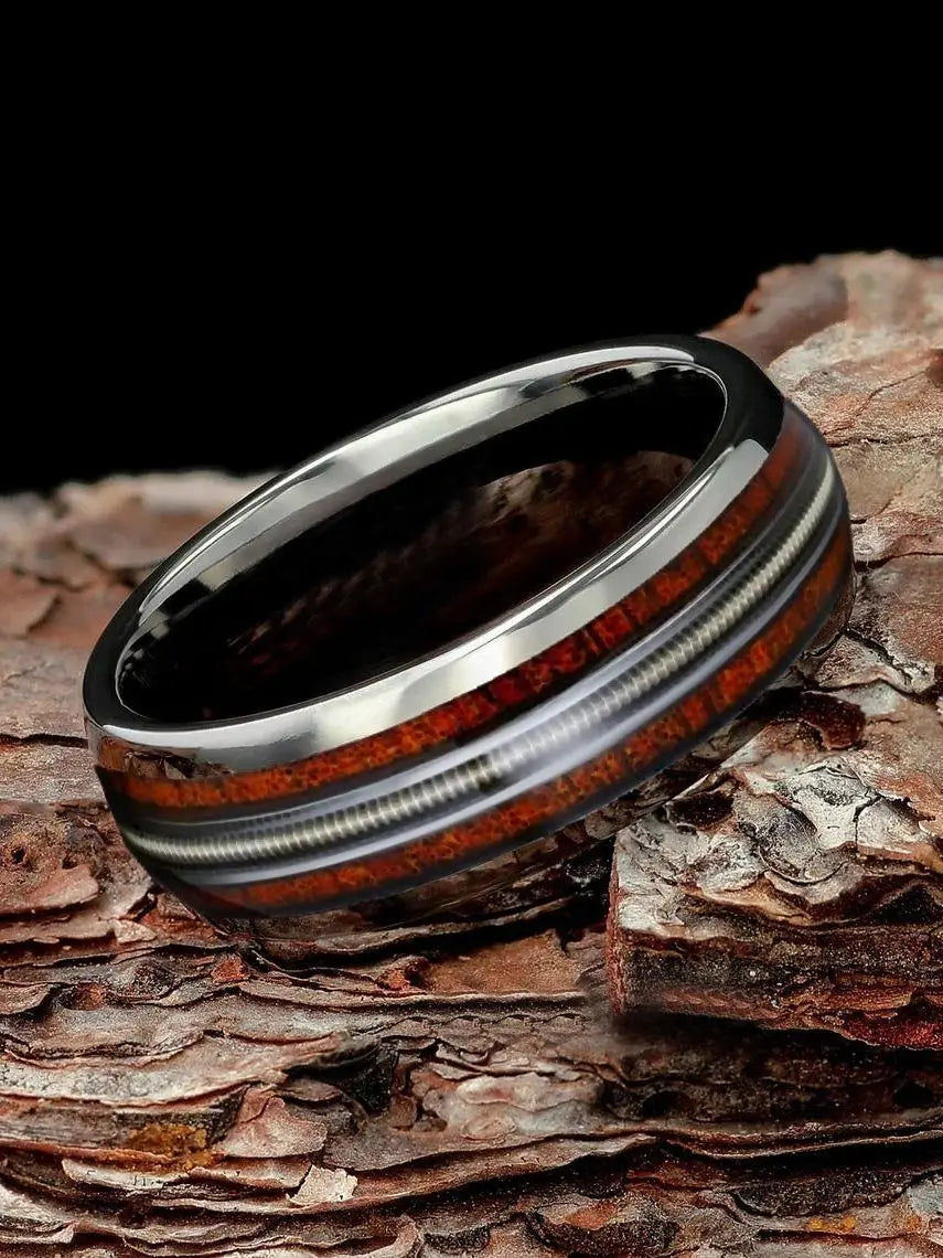 Fashion 8mm silver color stainless steel guitar string rings for men whiskey barrel wood inlay guitarist ring wedding
