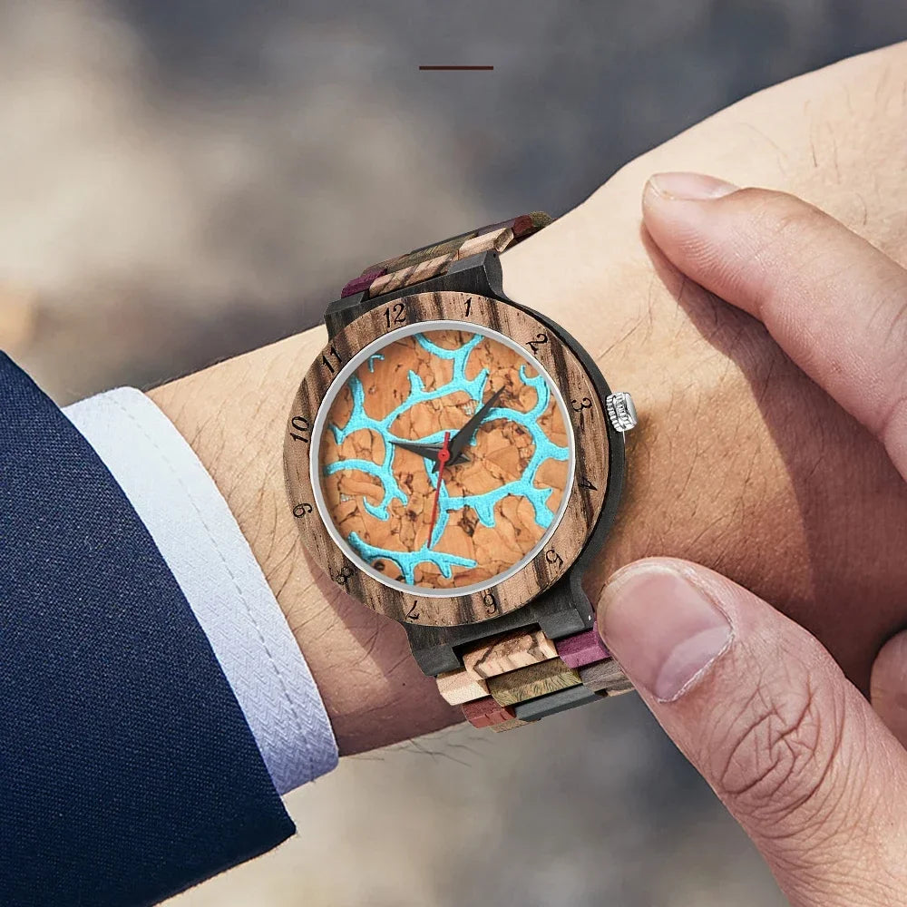 Artisan color-block mysterious wooden disc watch lightweight multicolor strap sophisticated gift for men