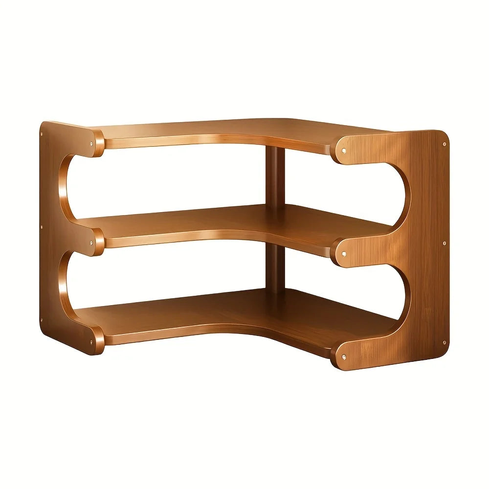 1pc multi-tier bamboo corner desk shelf - natural wood rectangular organizer for plants books & stationery